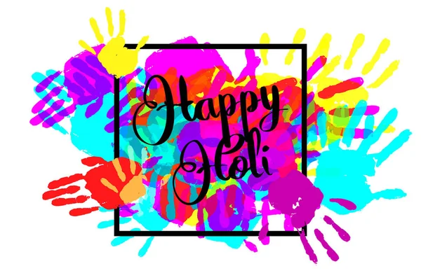 Happy holi on a background of hand prints — Stock Vector