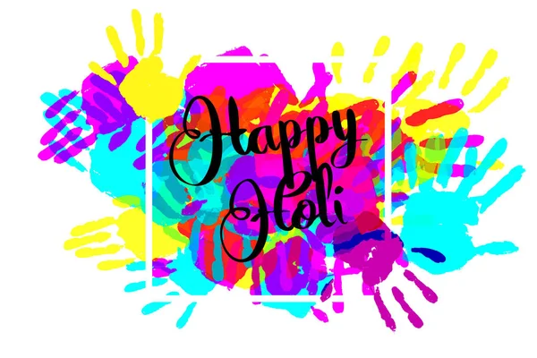 Happy holi on a background of hand prints — Stock Vector