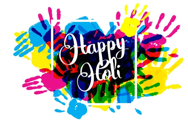 Happy holi on a background of hand prints — Stock Vector