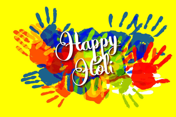 Happy Holi на фоне отпечатков рук
