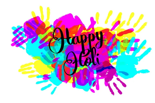 Happy holi on a background of hand prints — Stock Vector