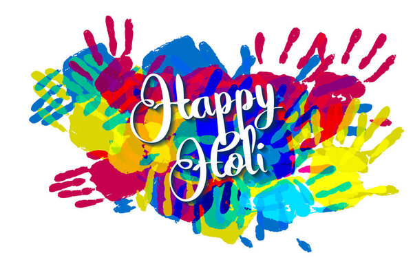 Happy Holi на фоне отпечатков рук
