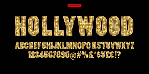 Hollywood. Gouden alfabet kleur met Toon lampen. — Stockvector