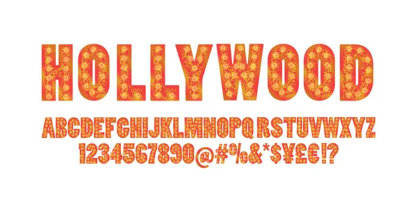 Hollywood. Color Golden alphabet with show lamps. — Stock Vector