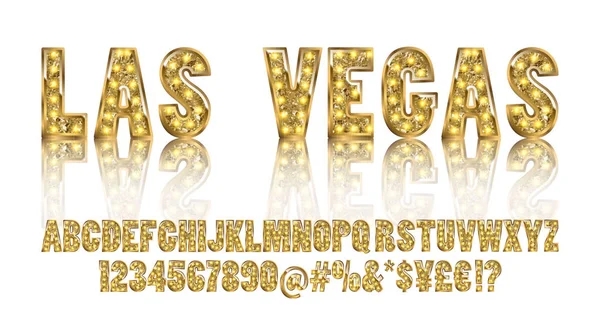 Las Vegas. Color Golden alphabet with show lamps — Stock Vector