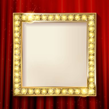 Altın boş resim çerçevesi kırmızı perde duvar