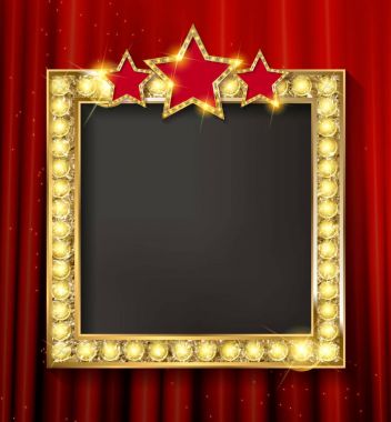 Altın boş resim çerçevesi kırmızı perde duvar