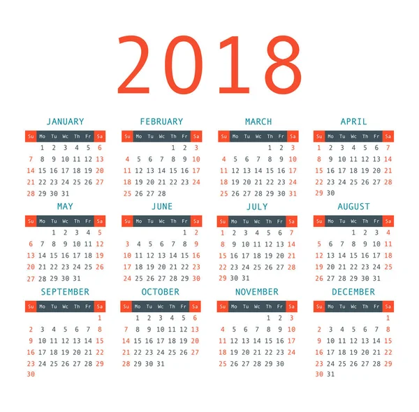 Kalender 2018 Jahr einfachen Stil. — Stockvektor