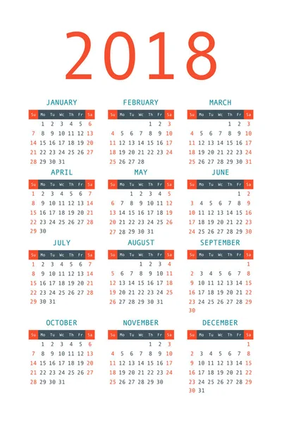 Calendario 2018 año estilo simple . — Archivo Imágenes Vectoriales