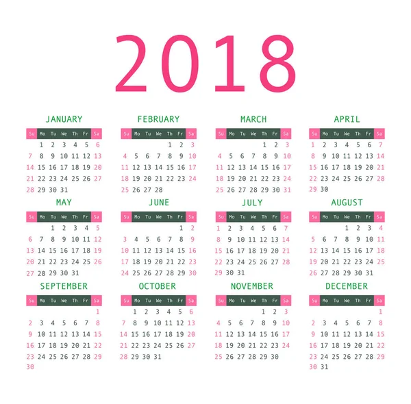 Απλή στυλ έτος 2018 ημερολόγιο. — Διανυσματικό Αρχείο