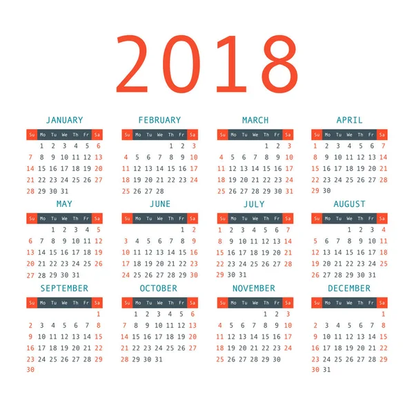 Calendario 2018 anno semplice stile . — Vettoriale Stock