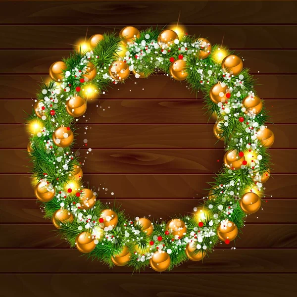 Green christmas wreath decorated with gold balls — Stock Vector