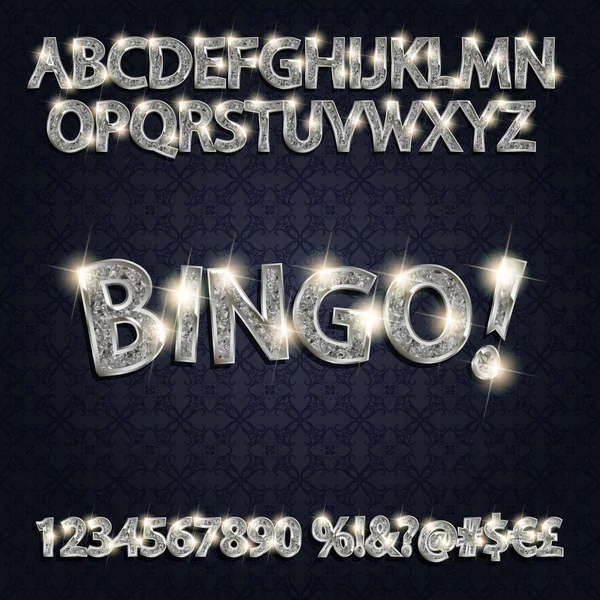 Bingo. Zilveren gloeiende alfabet en cijfers — Stockvector