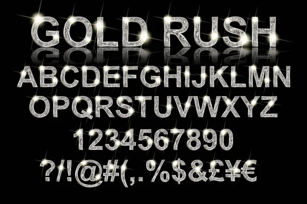 Gold rush. Silver alphabetic fonts and numbers — Stock Vector