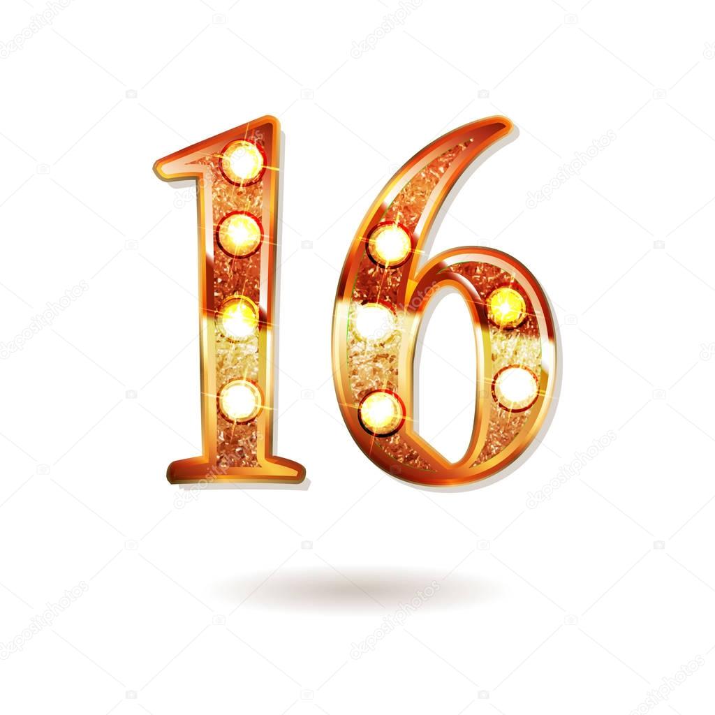 Celebrating of 16 years anniversary, logotype golden colored isolated on white background. Vector illustration