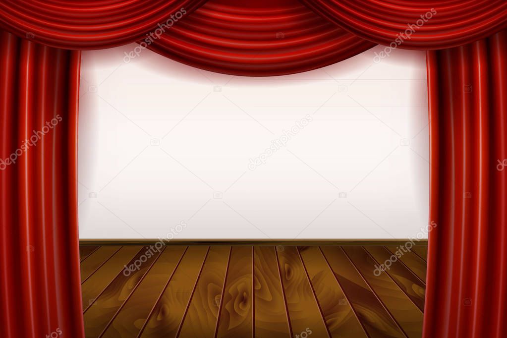 Open Red Velvet Movie Curtains with White Screen.