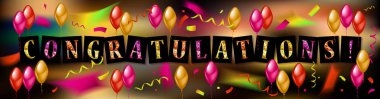 Konfeti ve metin Congrats balonlarla.
