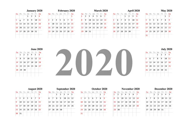Kalender 2020 vector pocket basisraster. — Stockvector