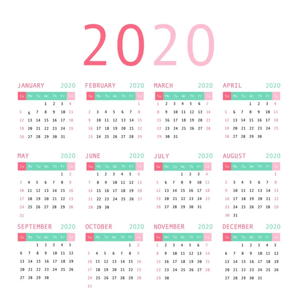 Kalender 2020 vector pocket basisraster. — Stockvector