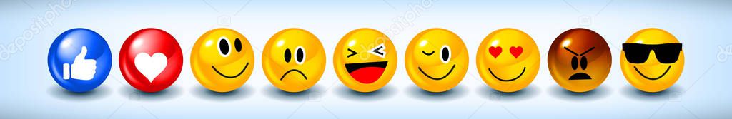 Emoji Feeling Faces Vector. Communication Chat Elements in yellow ball bubble 3D face. Lovely social media icon stickers. Modern and Creative design in EPS10 vector illustration.