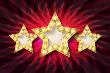 Retro ışık işareti. Koyu kırmızı arka planda, ışınlı üç altın yıldız. Eski tarz pankart. Görüntü