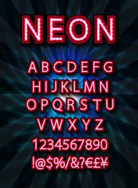 Koyu mavi üzerine izole edilmiş kırmızı set neon yazı tipi ve semboller. Vektör illüstrasyonu