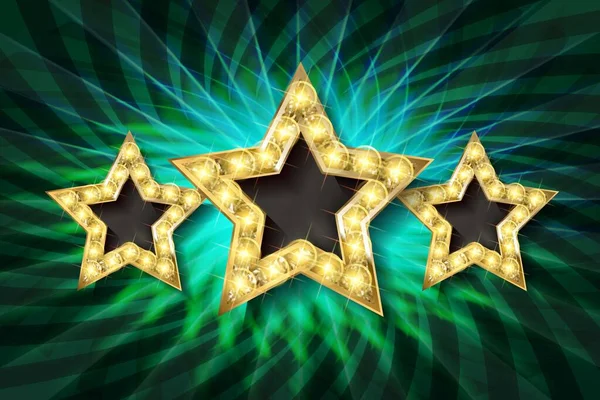 Señal Luz Retro Tres Estrellas Doradas Sobre Fondo Verde Oscuro — Vector de stock