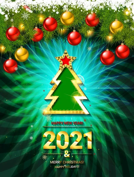 2021 Carta Oro Palla Astratta Dell Albero Natale Onde Nere — Vettoriale Stock