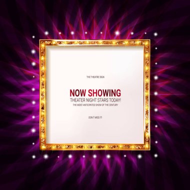 Parlak lambalı altın kare retro çerçeve. Işık çerçevesi parlayan retro reklam panosu. Parlak retro kare afiş. Kumarhane poster tarzı. Parlak retro reklam panosu. Vektör illüstrasyonu.