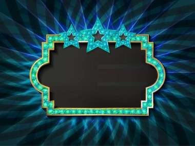 Sahnenin arka planında ampuller olan altın çerçeve. Vektör illüstrasyonu