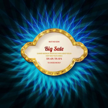 Sahnenin arka planında ampuller olan altın çerçeve. Vektör illüstrasyonu