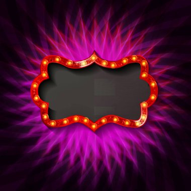 Sahnenin arka planında ampuller olan altın çerçeve. Vektör illüstrasyonu