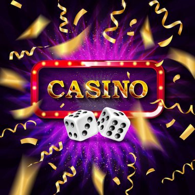 Kumarhane afişi. Kumarhane tebrik çerçevesi, altın madalya çerçeveli tabela ve altın konfeti kazanma. Sürpriz galibiyet, başarı veya ödül hediyesi bildirim poster illüstrasyonu