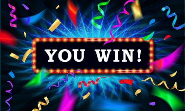 Sen bayrağı kazandın. Tebrikler çerçevesi, altın kazanç çerçeveli tabela ve altın konfeti kazanmak. Sürpriz galibiyet, başarı veya ödül hediyesi bildirim poster illüstrasyonu