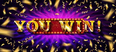 Büyük ikramiye. Renkli altın konfeti arkaplanı üzerinden metin kazanırsın, Vektör illüstrasyonu