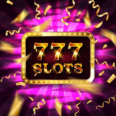 777 kumarhane bayrağı, daha fazla düğme oku. Kırmızı mobil slot makineleri uçan konfeti, retro ampul tarzı, renkli reklamlar ya da oyun için sıçrama ekranı olan büyük başarı arka plan şablonu. Vektör çizimi. EPS 10