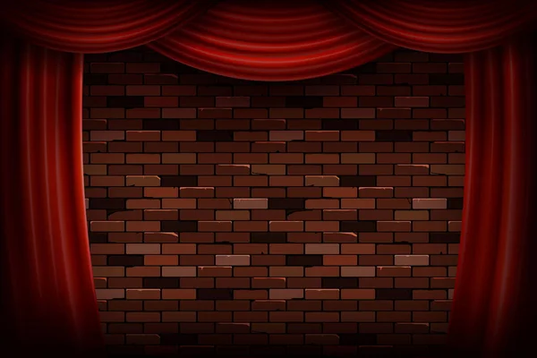 Красные Шторы Бархатные Шторы Старой Деревенской Кирпичной Стене Качестве Театральной — стоковый вектор