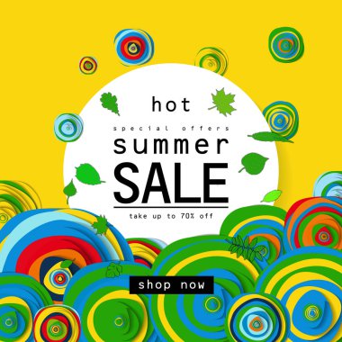 Özel indirimli yaz indirimi. Üzerinde tropikal amber çiçekleri çerçevesi ve sarı arka plan şablonunda palmiye yaprağı var. Bayram kutlamaları, kuponlar, broşürler ve pankartlar için çiçek açan vektör seti..