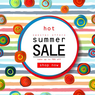 Yaz indirimi illüstrasyonunda amber çiçeği ve tropikal yapraklarla çevrili el yazısı ile birlikte vektör ilüstrasyonu- canavar, palmiye, aralia ve suluboya çizgili arka plan.