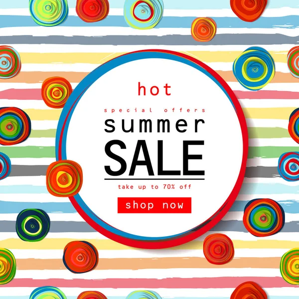 Yaz indirimi illüstrasyonunda amber çiçeği ve tropikal yapraklarla çevrili el yazısı ile birlikte vektör ilüstrasyonu- canavar, palmiye, aralia ve suluboya çizgili arka plan.