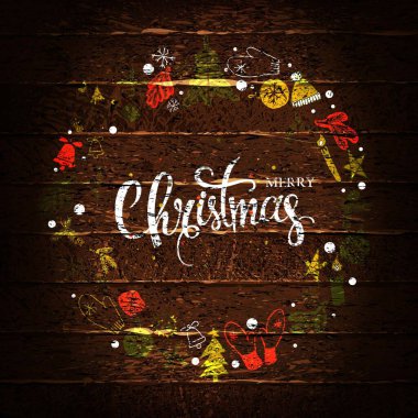 Üst, üst, yukarıdan manzara, el yapımı ahşap oyuncaklar daire, yuvarlak şekilli, karlı, karlı arka planda her zaman yeşil dallar, ve beyaz Mutlu Noeller yazısı, tebrik kartı. Vektör illüstrasyonu