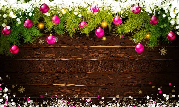Ялинкові Гілки Різдвяною Прикрасою Дерев Яному Фоні Плоска Лежа Простір — стоковий вектор