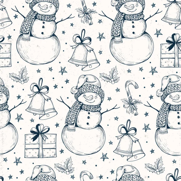Patrón con muñecos de nieve y campanas de Navidad —  Fotos de Stock