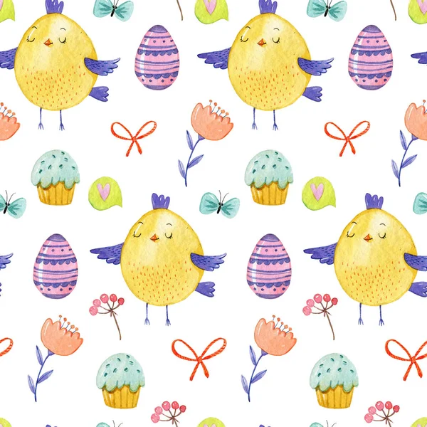 Watercolor Hand Drawing Pattern Cute Yellow Chickens Flowers Easter Muffins — Stock Photo, Image