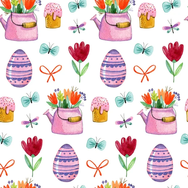 Watercolor hand drawing pattern with easter muffins, teapots with flowers, eggs, butterflies and bows on white background. Easter pattern.
