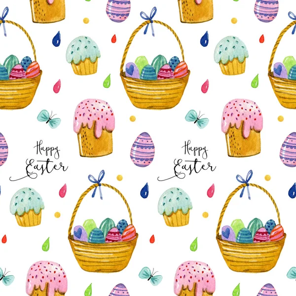 Watercolor Hand Drawing Pattern Easter Basket Eggs Muffins Butterflies Color — Stock Photo, Image