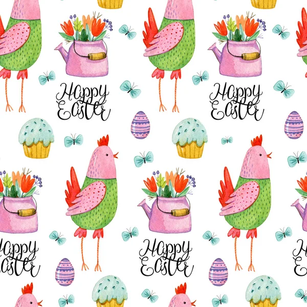 Watercolor hand drawing pattern with cute violet chickens, easter muffins, teapots with flowers, eggs, butterflies and letters on white background. Easter pattern.