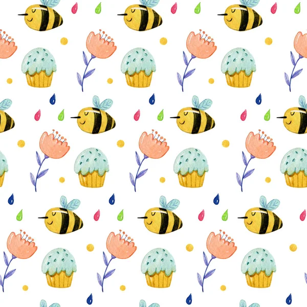 Watercolor hand drawing pattern with cute bee, easter muffins and flowers on white background.