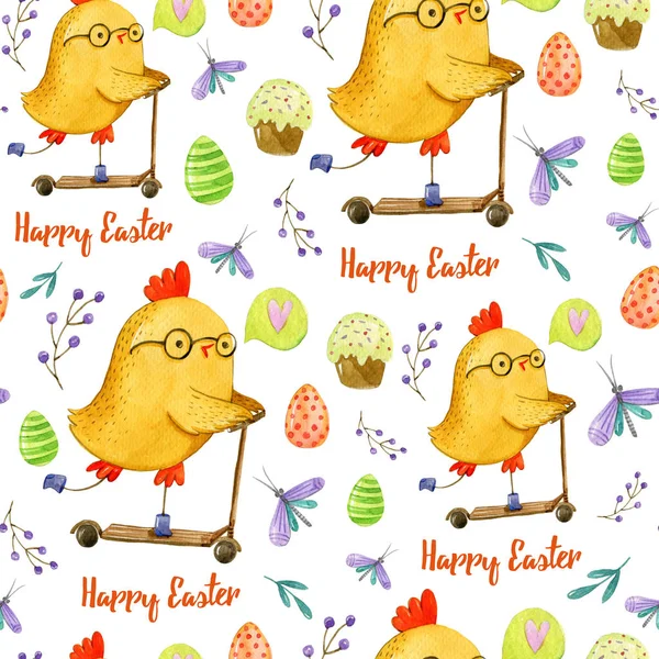 Watercolor hand drawing pattern with cute yellow chicken what drive a scooter, easter muffins, eggs, butterflies, branches and leaves, letters on white background. Easter pattern.