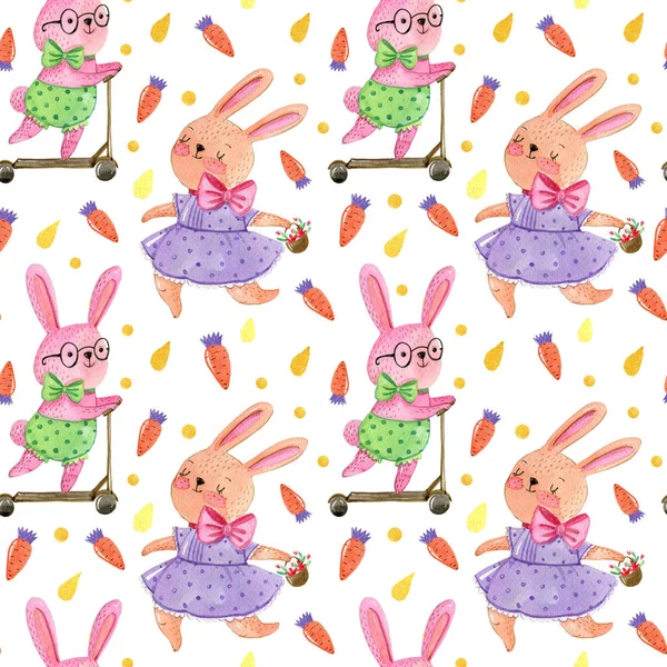 Watercolor Hand Drawing Pattern Cute Rabbits Boy Drive Scooter Girl — Stock Photo, Image